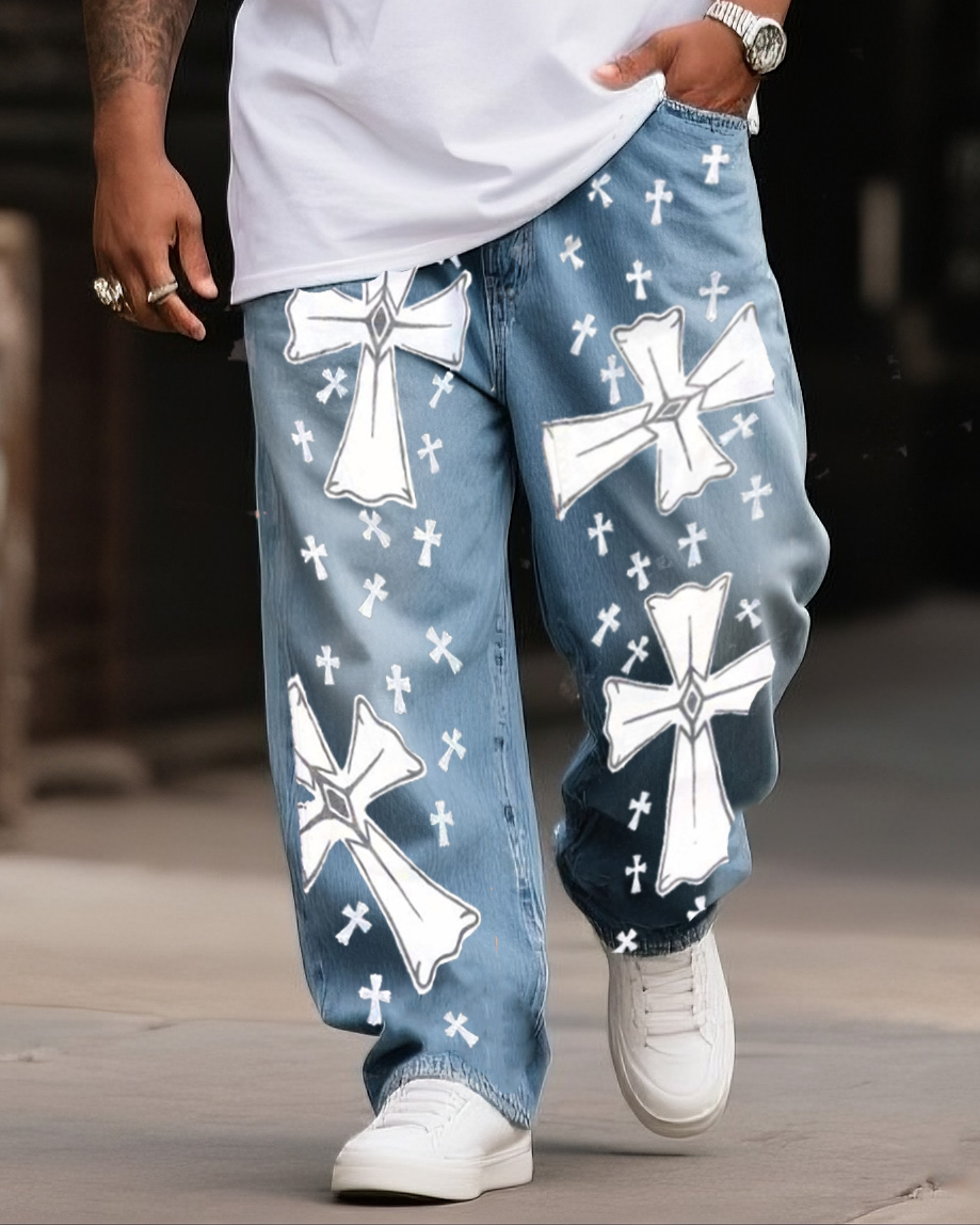 Plus Size Boys 2025 Fashion Street Creative Small Large Cross Print Jeans