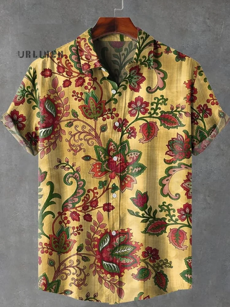 Vintage Ethnic Pattern Flowers Art Print Casual 100% Cotton Shirt