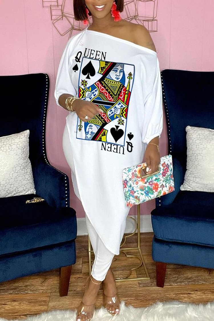 Plus Size White Daily Letter Print Irregular Two Pieces Pants Set [Pre-Order]