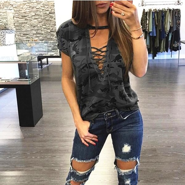 New Summer Women Sexy V-neck Bandage T-shirts Camouflage Printed Short Sleeve Plus size Tops Tee(S-4XL) - Shop Trendy Women's Fashion | TeeYours