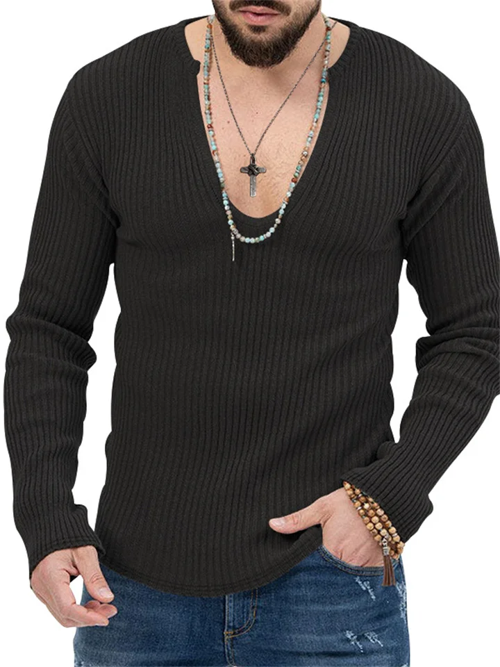 Men's Trend Autumn Deep V-neck Men's New Pullover Solid Color Casual Daily Popular Knit Long Sleeve Shirt-Cosfine
