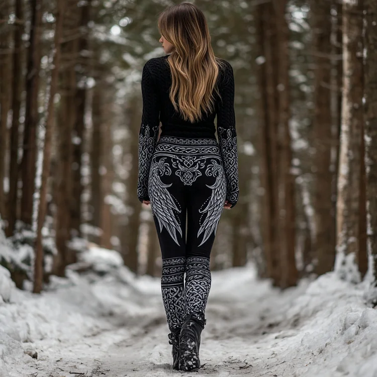 Women's Retro Viking Angel Wings Art Warm Leggings