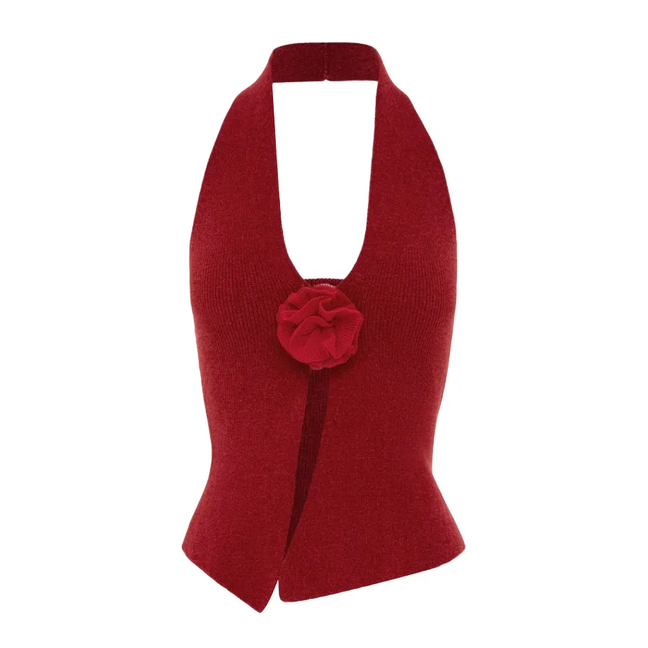Crbang costumes for women 2025  Woolen Halter Neck Sleeveless T-shirts For Women Clothing Flower Solid Slim Crop Top Femme Casual Vacation Sexy Vest