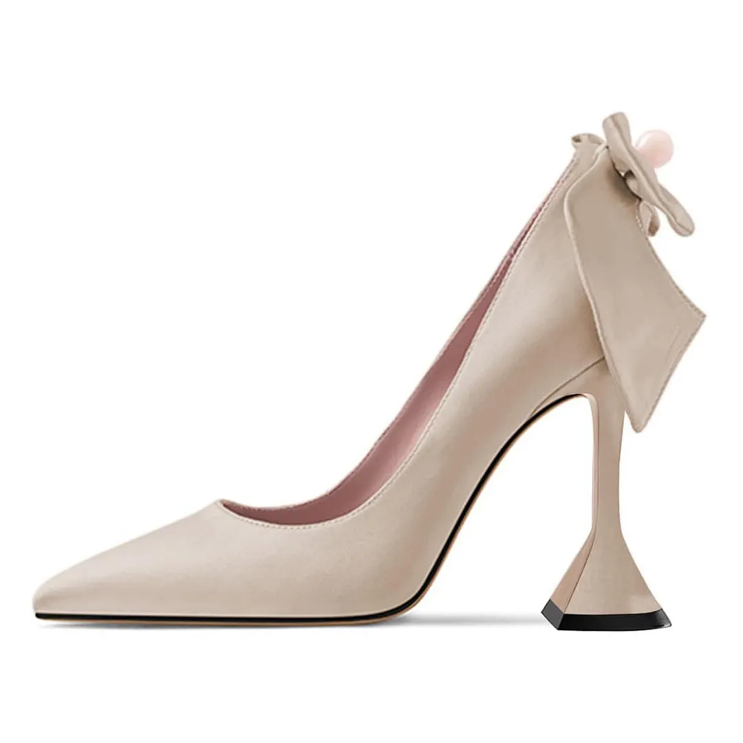 Pointed Toe Flared High Heel Bow Slip On Beige Pumps for Women