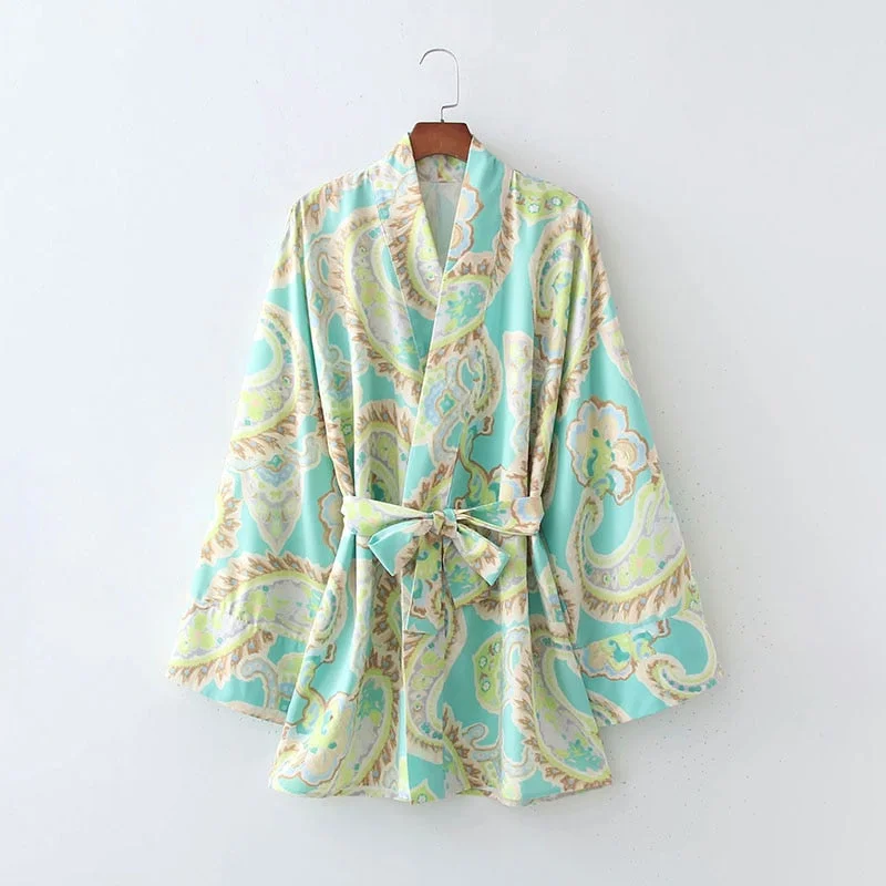 Fashion Floral Paisley Printed Women Long Wrap Blouse With Bowknot High Waist New Spring Summer Kimono Beach Holiday Chic Shirt