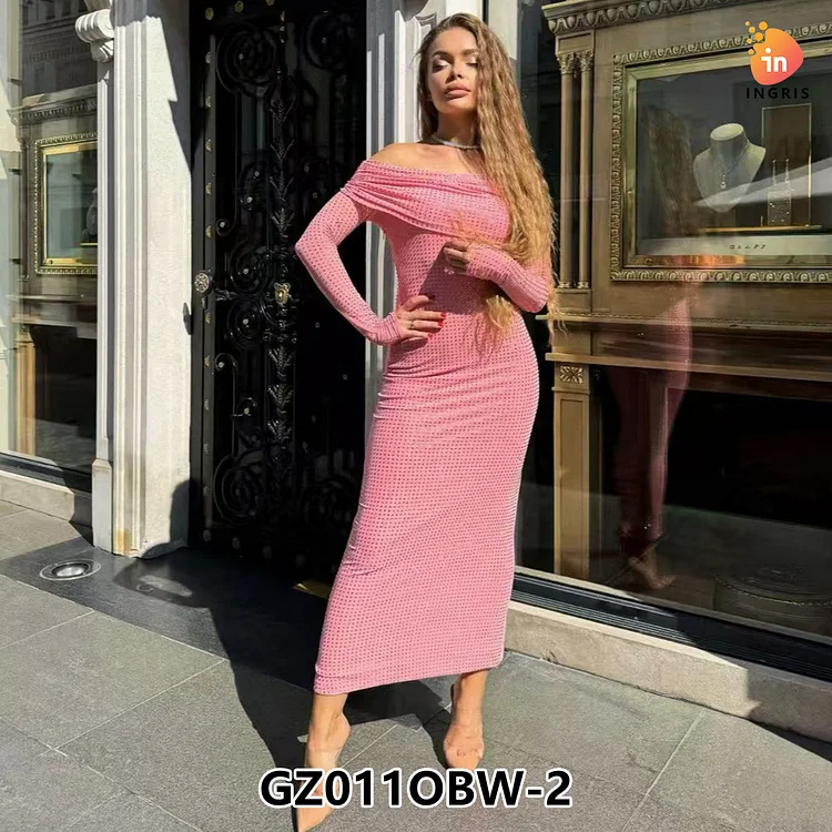 2024 spring new arrivals fashion off shoulder elegant temperament drill slim long dress-GZ011OBW