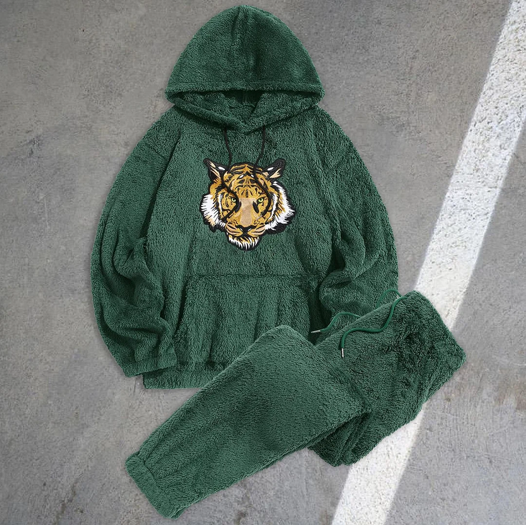 Fashion Plush Tiger Pullover Hoodie Sweatshirt Set