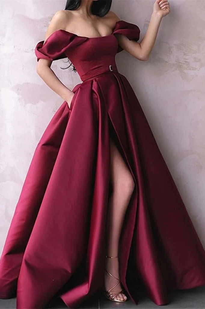 Bellasprom Burgundy Slit Prom Dress With Pockets Off-the-Shoulder