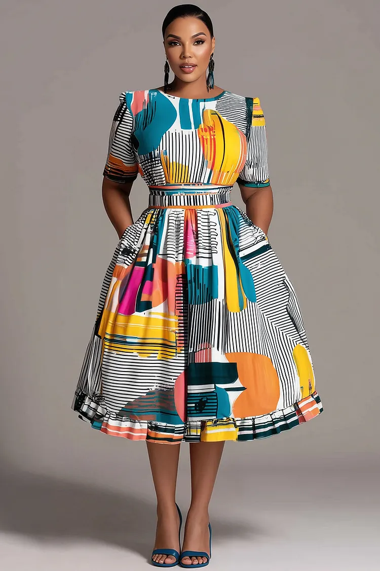 Xpluswear Design Plus Size Business Casual Multicolor All Over Print Round Neck Short Sleeve Pocket Midi Dresses [Pre-Order] 2024 - Xpluswear