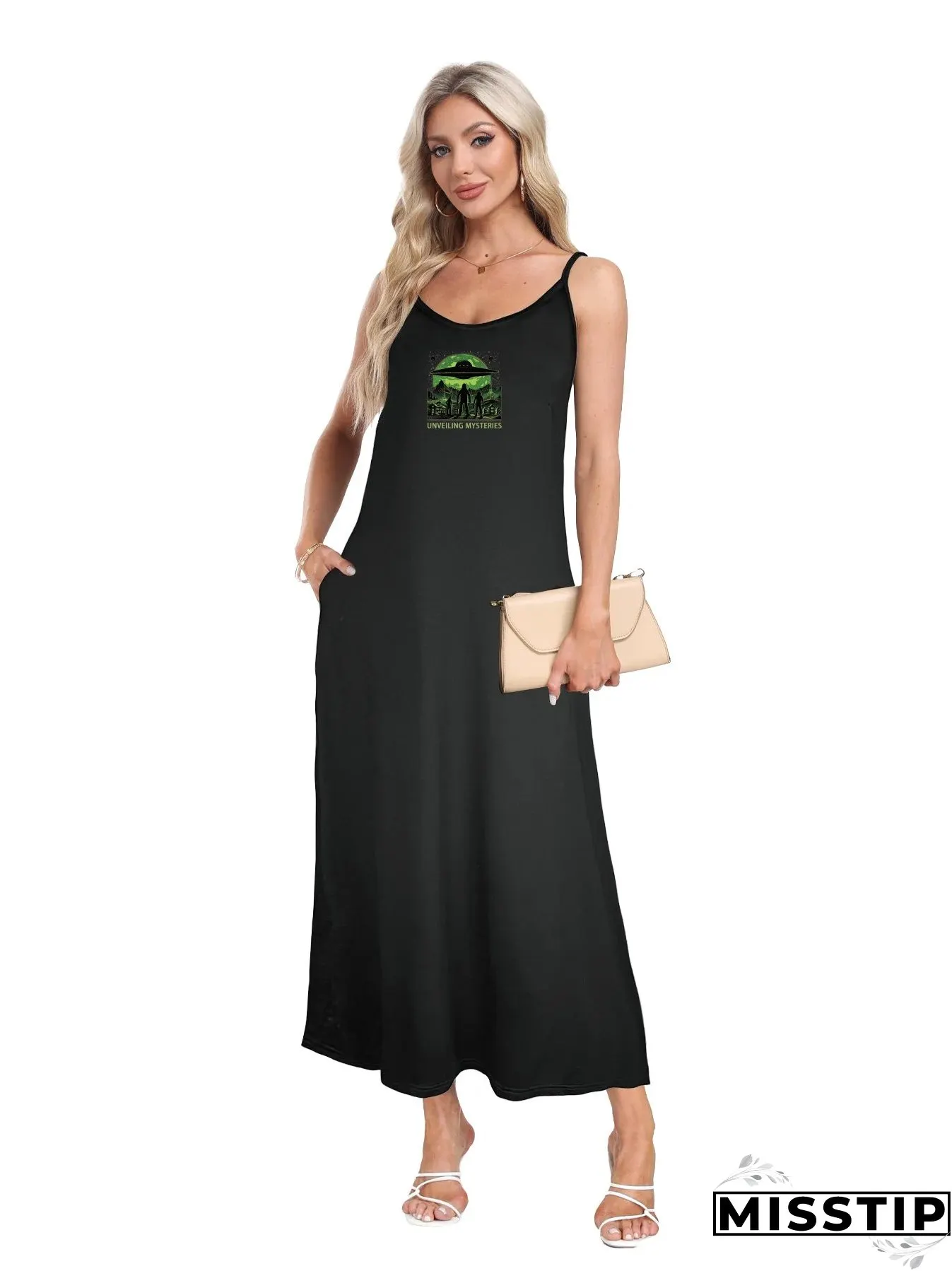 Intriguing UFO and mysterious figures graphic print spaghetti strap dress casual