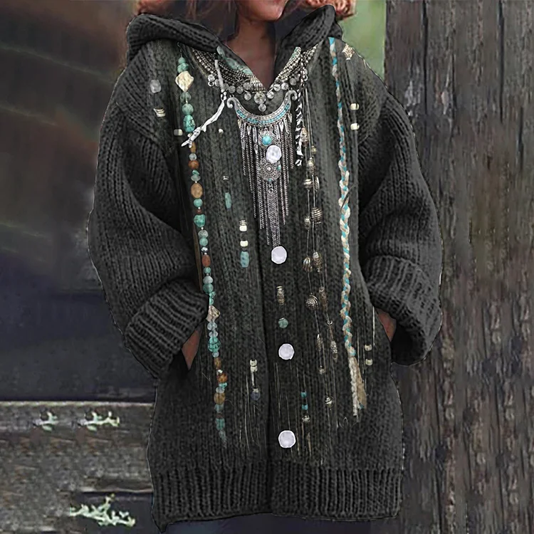 VChics Western Vintage Tribal Tassels Cozy Hooded Cardigan