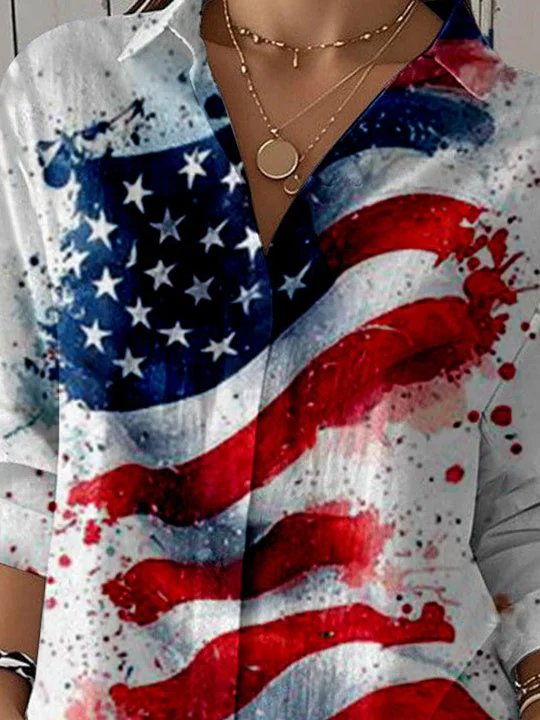 Women 3/4 Sleeve Shirt Collar National Flag Printed Graphic Button Tops