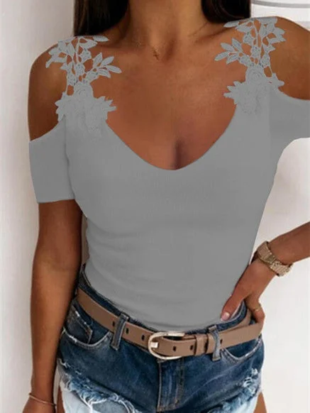 Women's Short Sleeve V-neck Lace Stitching Top