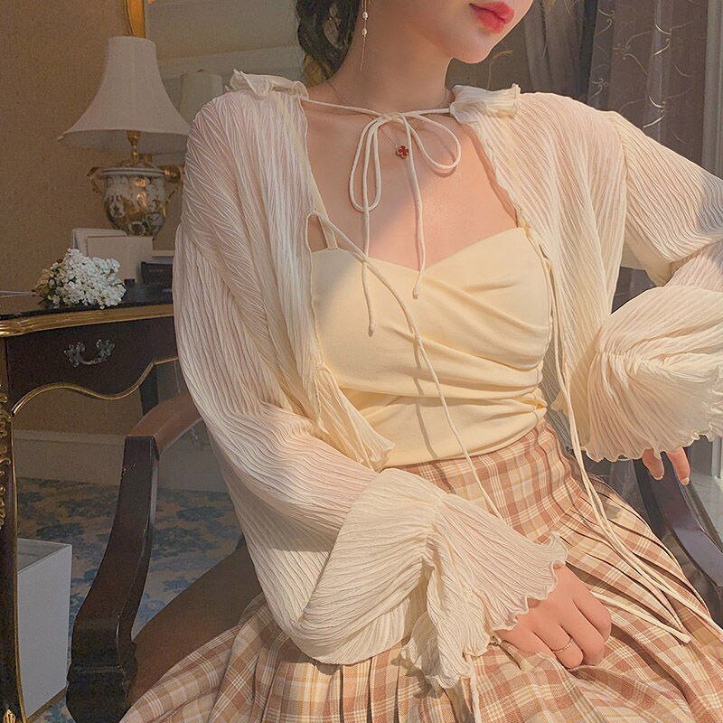 Summer Shirts Women Elegant Sun-proof Long Sleeve Thin Soft Chiffon Holiday Basic Ladies Outerwear Lovely College Girls Top Chic