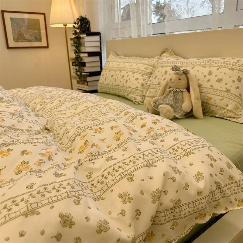 Aonga Cream Green Floral Duvet Cover Set No Filler Ins Style Full Size Girls Boys Flat Sheet Pillowcase Bedspread Cute Kawaii Bedding aonga