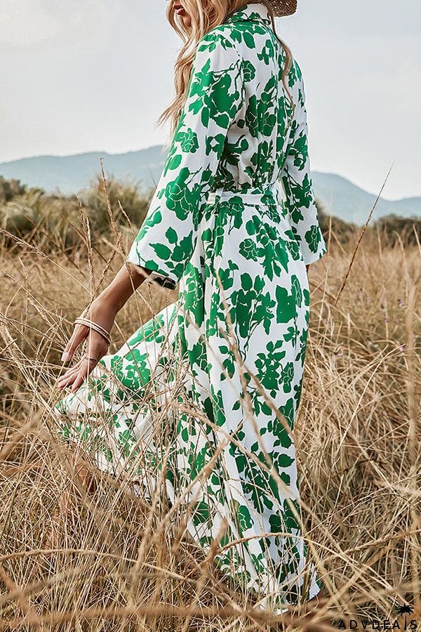 Fashion Women's Green Print Lace-up Dress