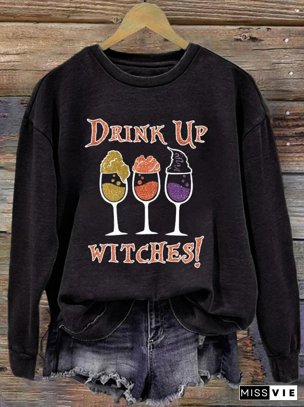 Women's Halloween Drink Up Witches Printed Round Neck Long Sleeve Sweatshirt