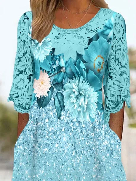 Women's 3/4 Sleeve Scoop Neck Floral Printed Lace Stitching Midi Dress