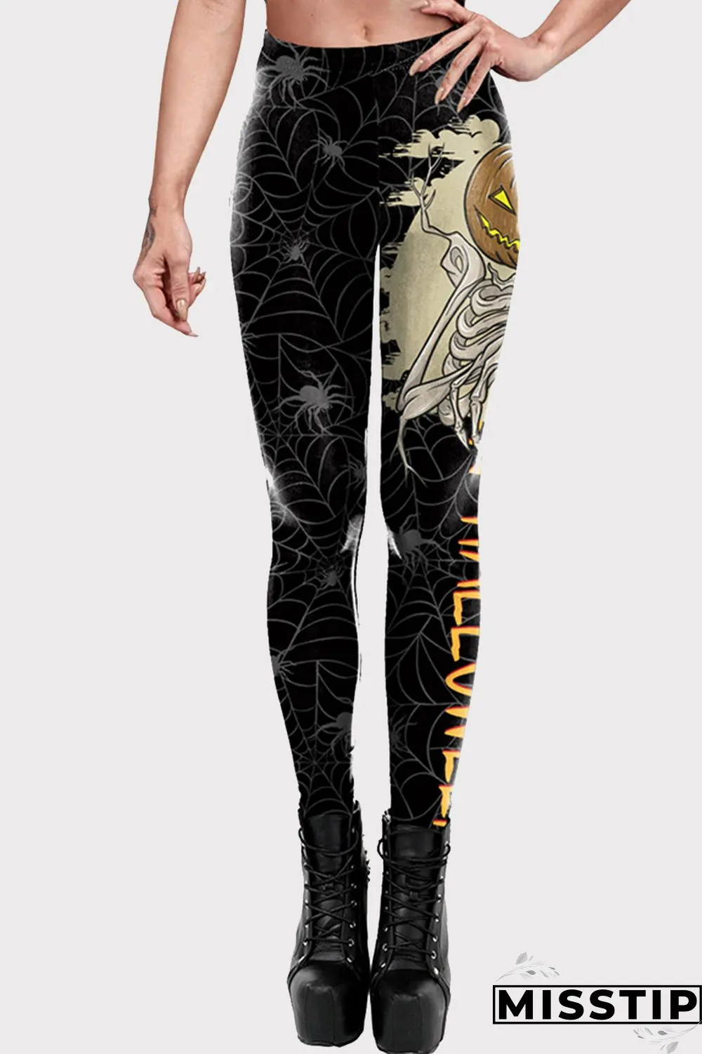 Black Christmas Day Fashion Casual Basic Print High Waist Skinny Trousers