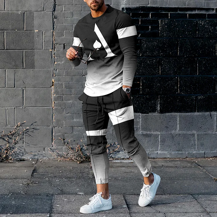 BrosWear Black White Gradient Ace Of Spades Print T-Shirt And Pants Co-Ord