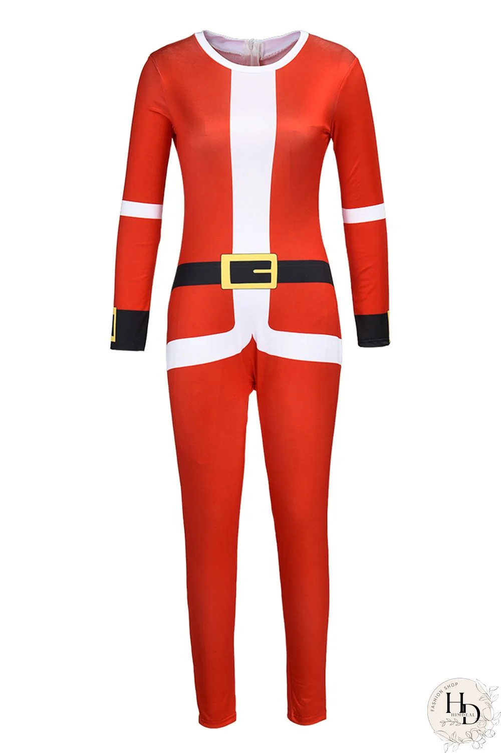 Rose Red Fashion Casual Patchwork Basic Half A Turtleneck Skinny Jumpsuits (Have Christmas Hat)