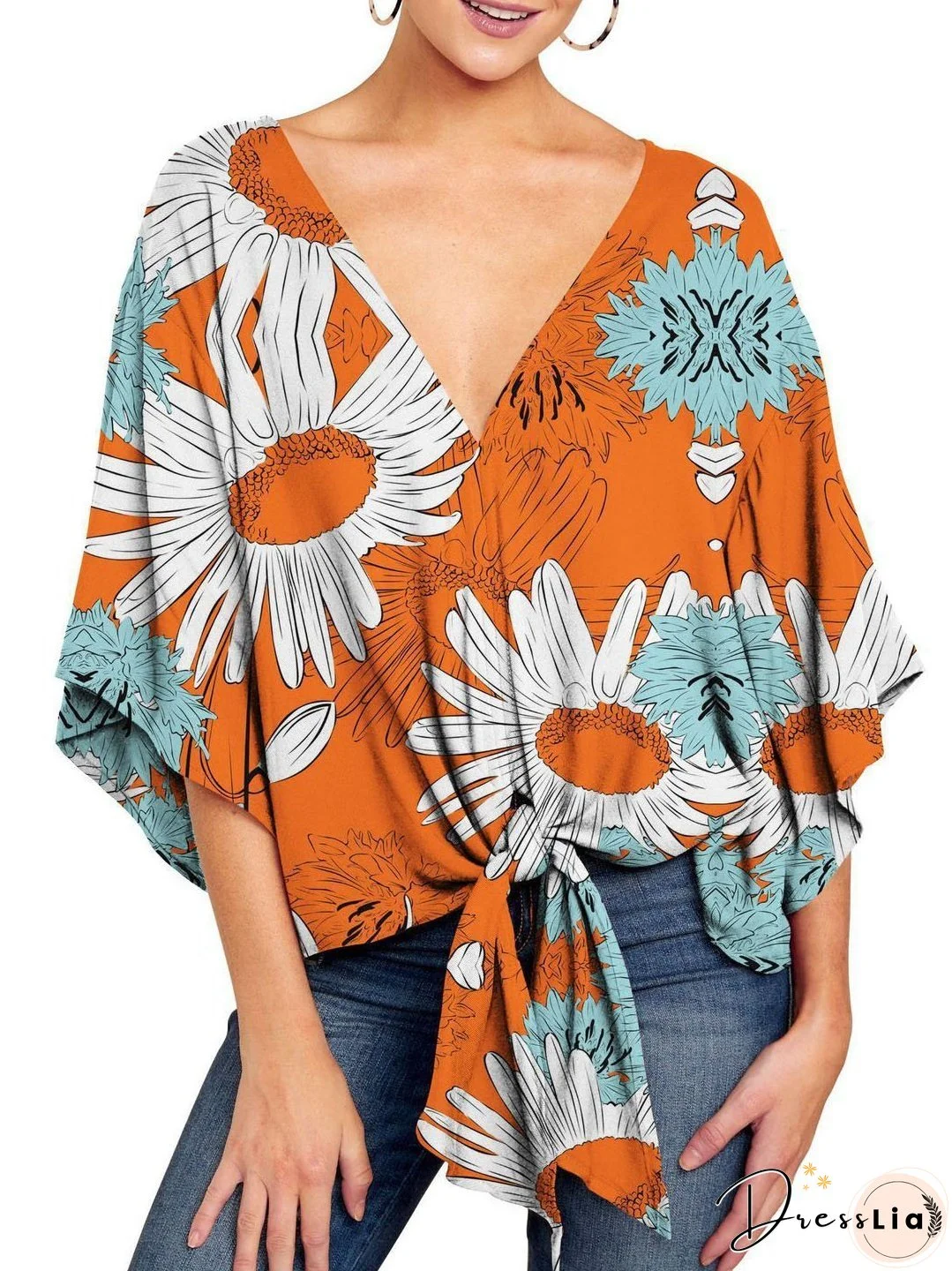 V-neck Mid-sleeve Knotted Print Top for Women