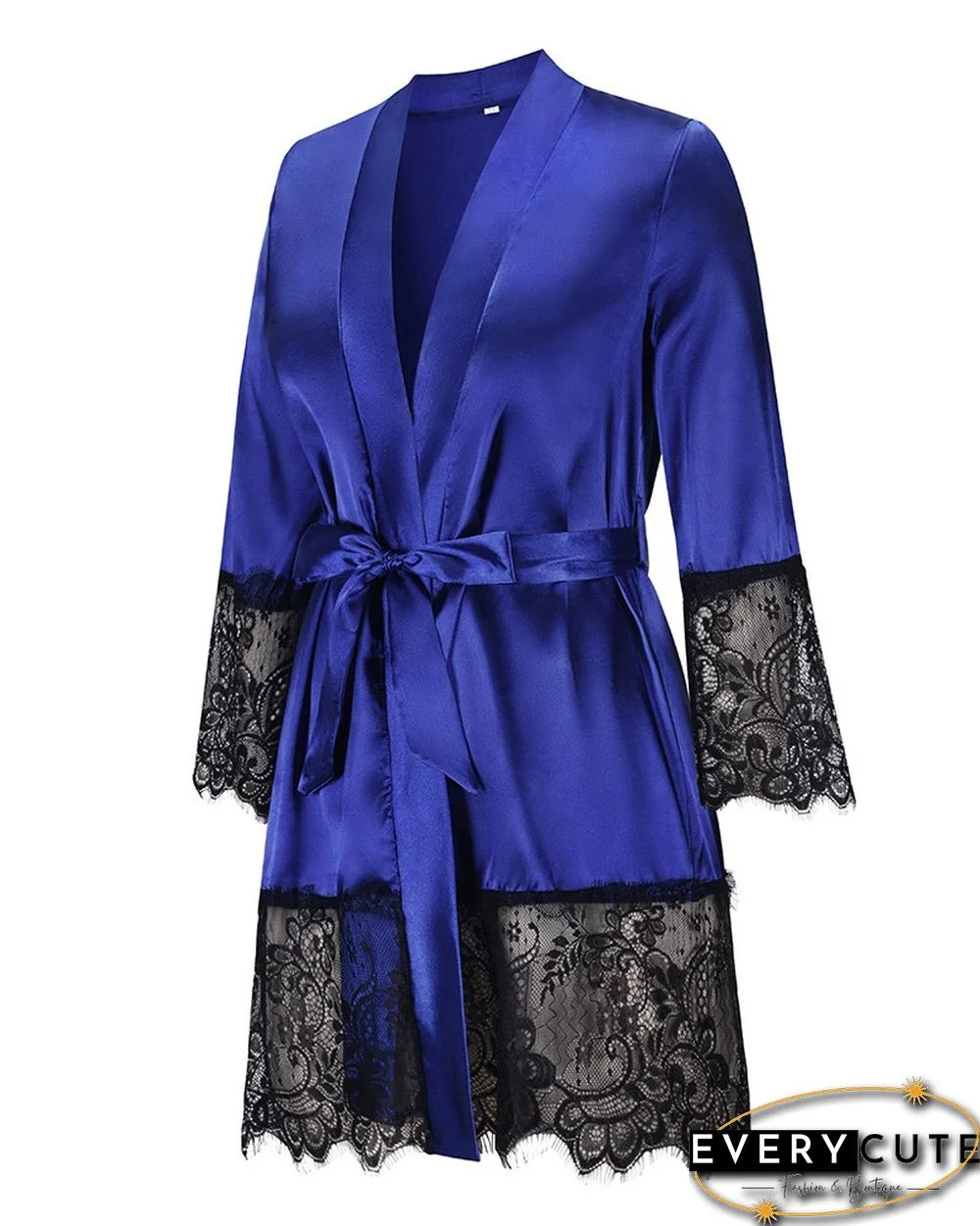 Eyelet Lace Patch Satin Long Sleeve Robe