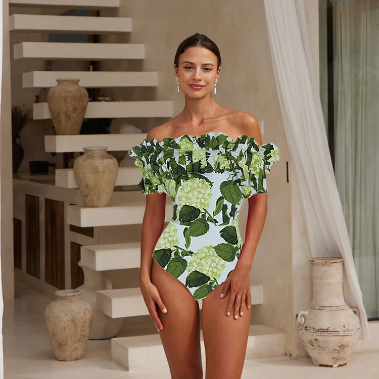 Off Shoulder Hydrangea Print Ruffle One Piece Swimsuit and