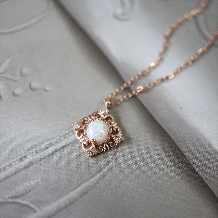 Olivenorma Sterling Silver Vintage Opal Delicate Pattern Necklace 