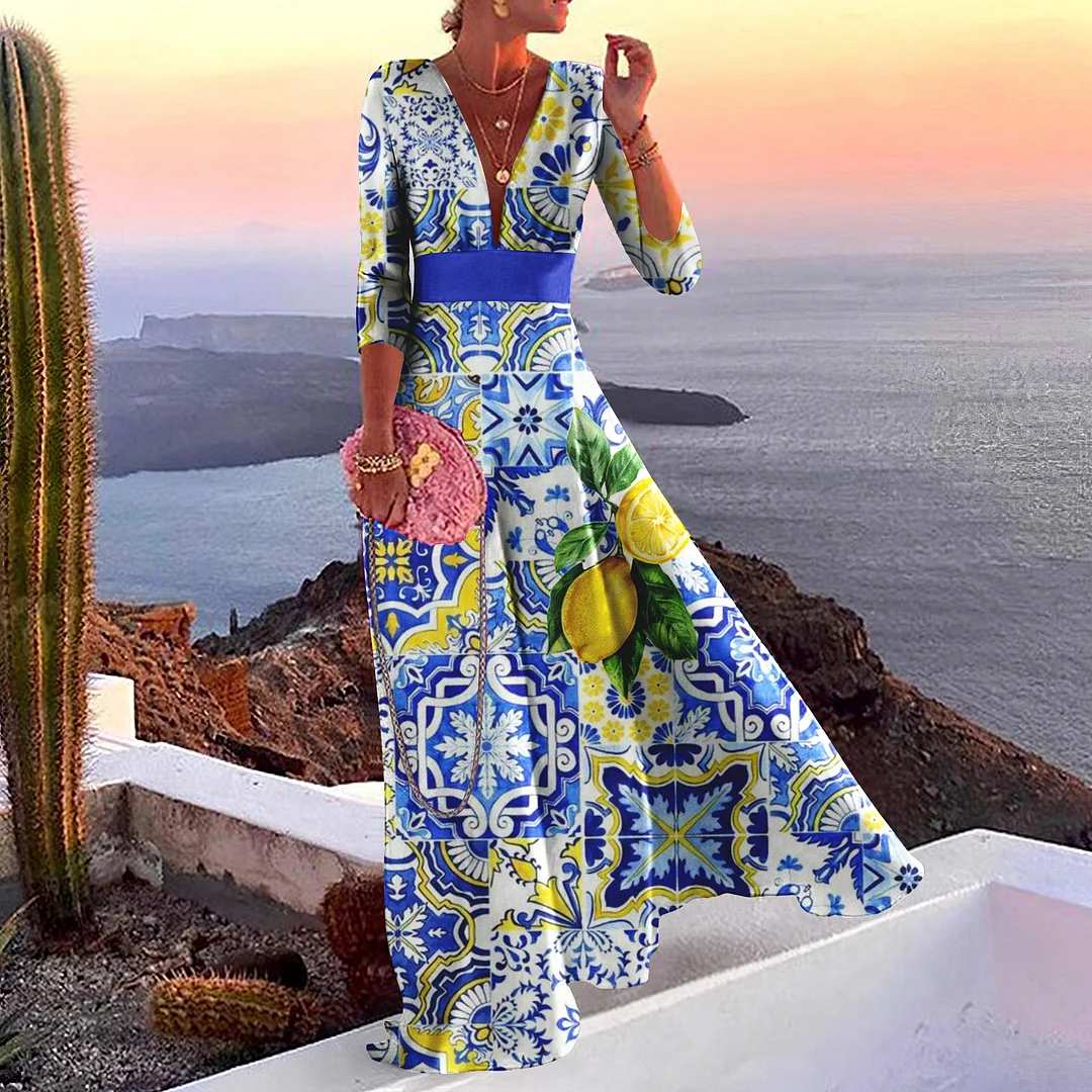 Abito lungo estivo in ceramica al limone in stile mediterraneo