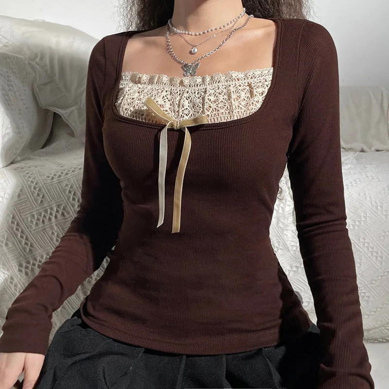 Rapcopter y2k Lace Bow Cute T Shirt Knitted Full Sleeve Square Collar Crop Top Cute Retro Brown Pullovers Women Korean Chic Tees