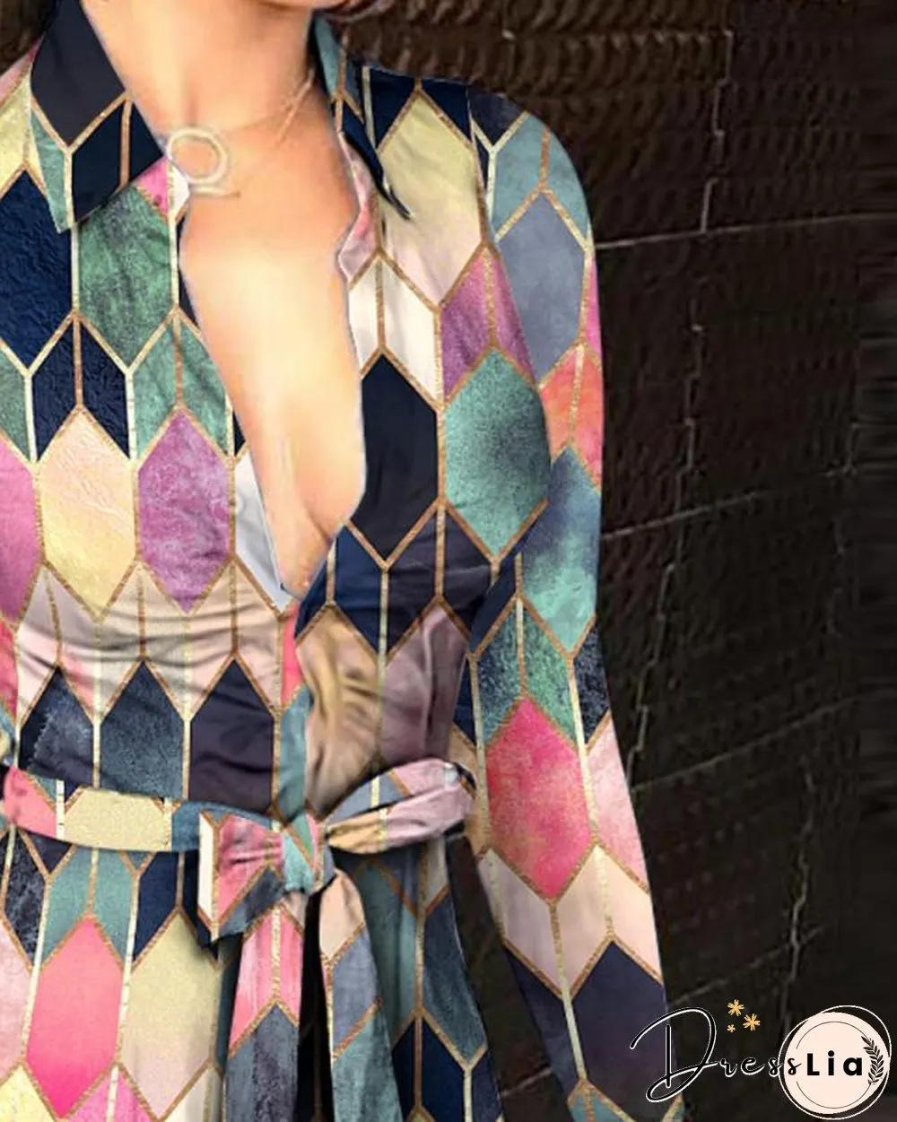 Autumn and Winter New Long Sleeve V-neck Bandage Fashion Sexy Printed Dress