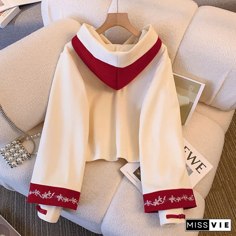 Vintage Embroidery Buckle Bowknot Hoodie Colorblock Skirt