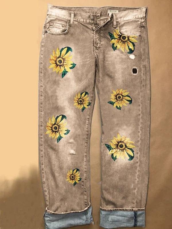 Women Bottoms - Plus Size Women S-3XL Sunflower Embroidery Jeans of ladyoho