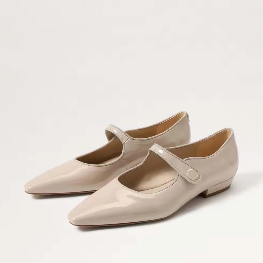 Pointed Toe Nude Patent Leather Buckle Flats Nicepairs