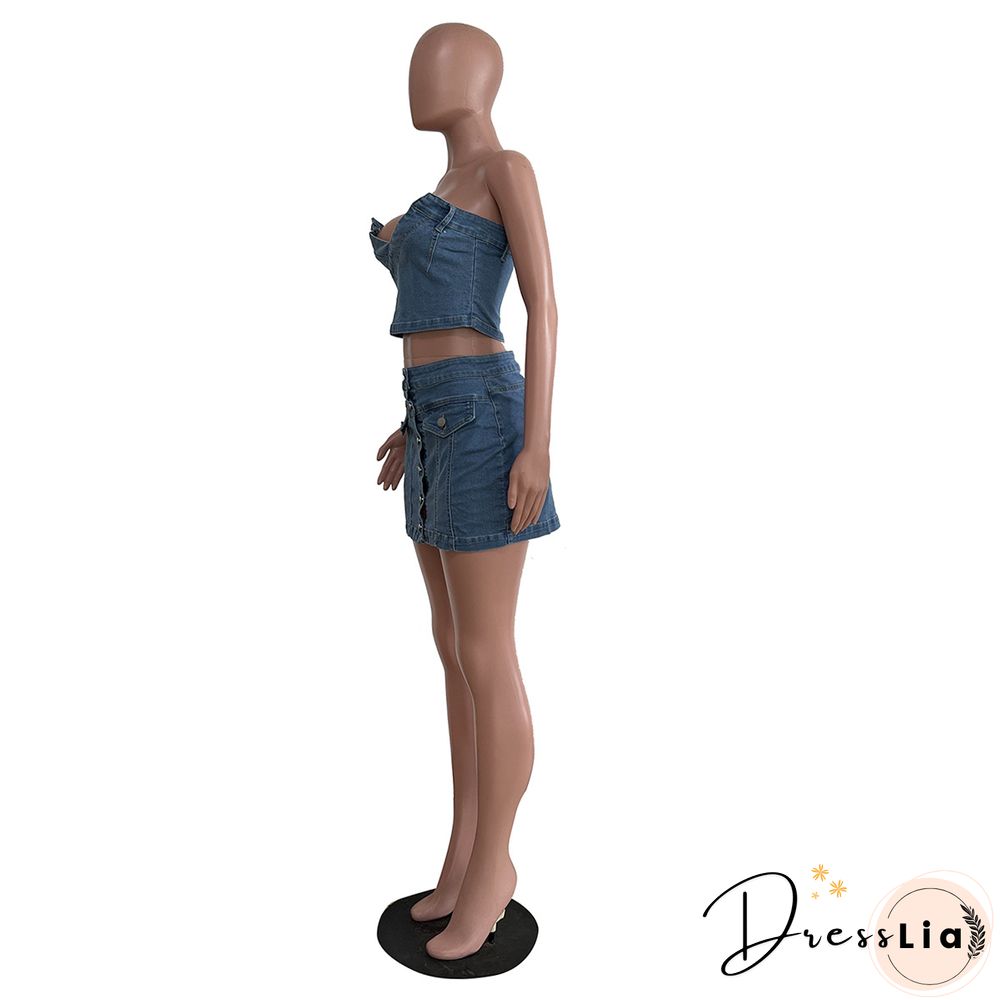 Denim Strapless Crop Top Mini Skirts Two Piece Set