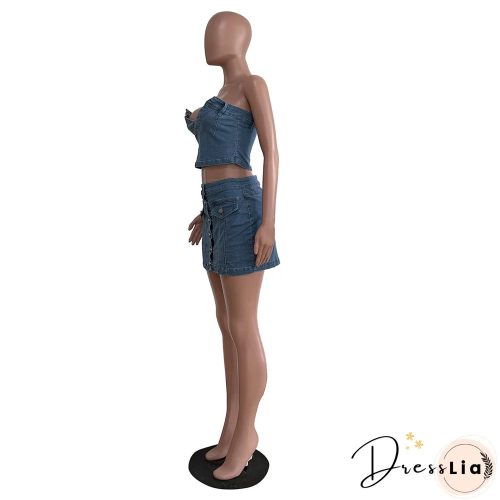 Denim Strapless Crop Top Mini Skirts Two Piece Set