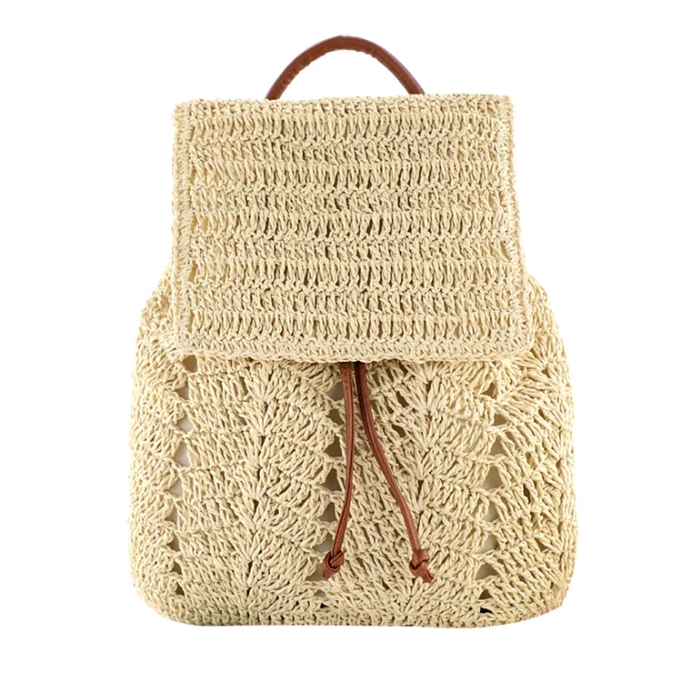 Fashion Straw Shoulders Backpack Hand-Woven Women Beach Bucket Bag (Beige)