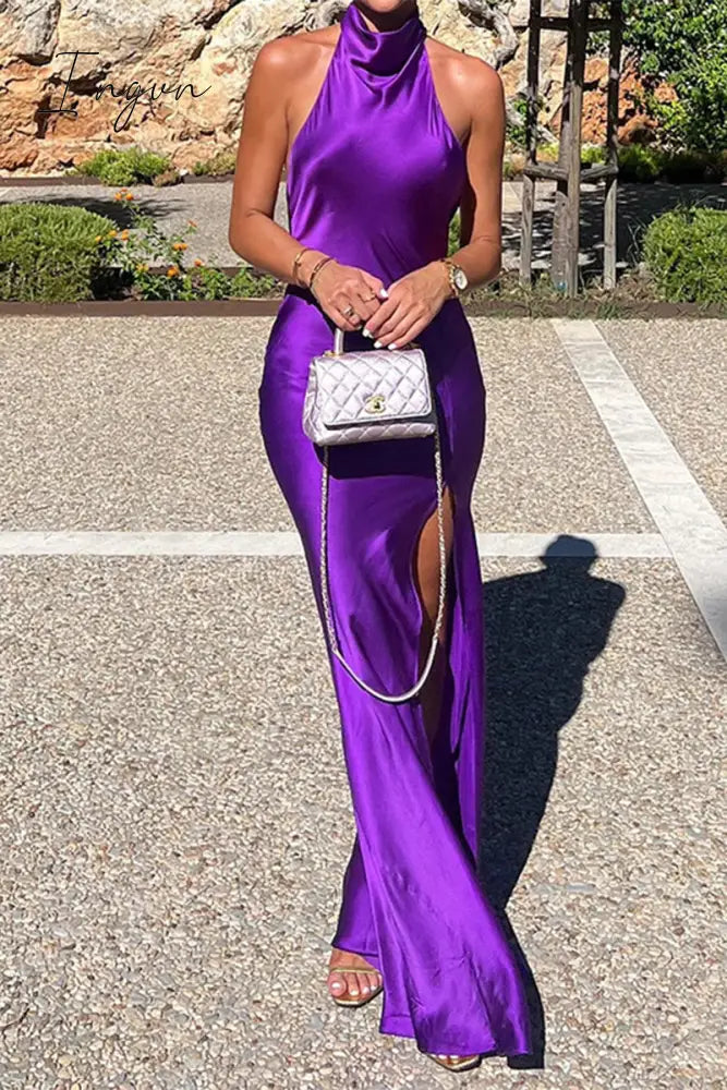 Ingvn - Sexy Celebrities Solid Backless Slit Halter Dresses Purple / S Dresses/Maxi