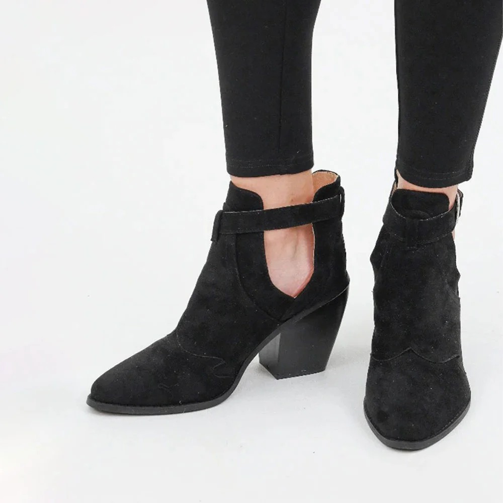 Black Closed Toe Block Heel Cut-Out Buckle Ankle Boots for Women
