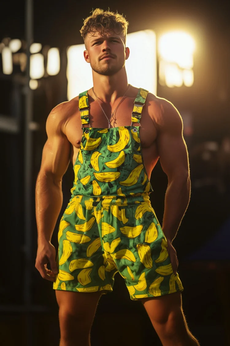 Men's Neon Fruit Chaos Print Festival Green Shorts Overalls 