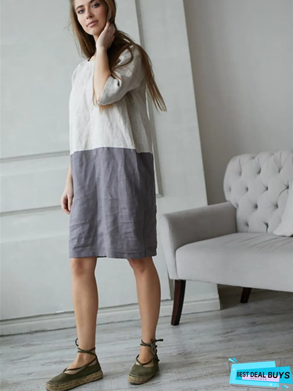 Loose Solid Color Cotton Linen Patchwork Dress Round Neck Seven Sleeve Skirt Waist