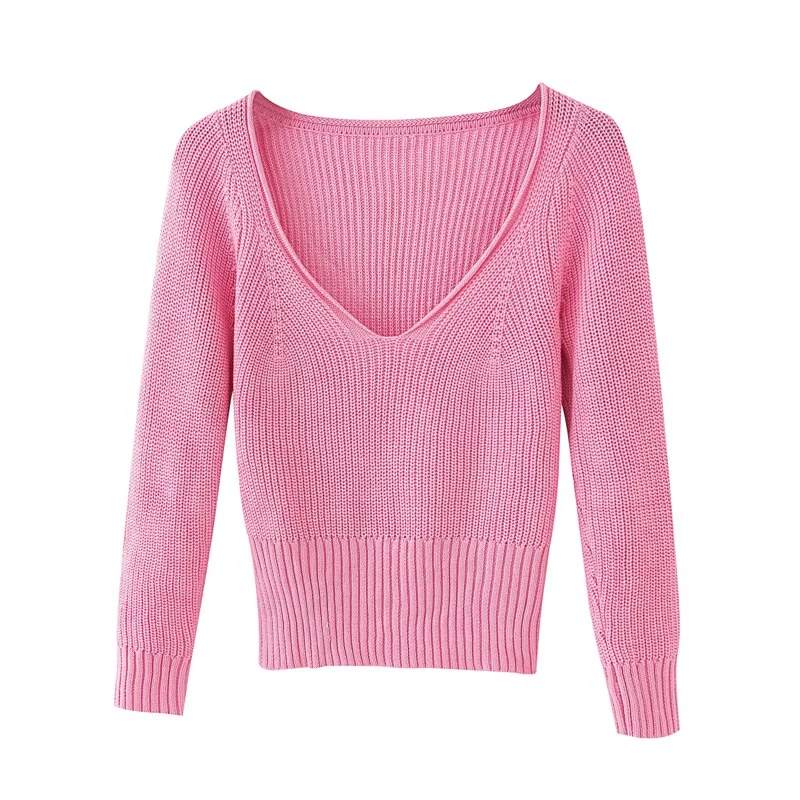 Spring and summer women's sweater casual solid color V-neck long-sleeved short sweater