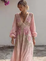 Vintage Pink Roses Glitter Floral Flowy Linen Maxi Dress