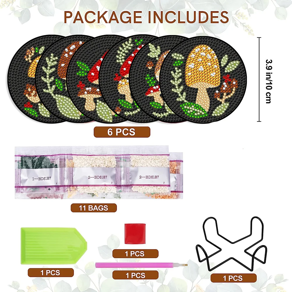 6pcs DIY Mushroom Acrylic Diamond Painting Coasters with Holder Cork Pads