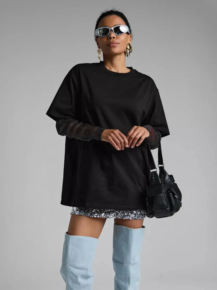 Athvotar Athvotar Summer New Bright Silk Mesh Splicing Long-Sleeved T-Shirt Women Loose Sun Protection Top Hot Sale