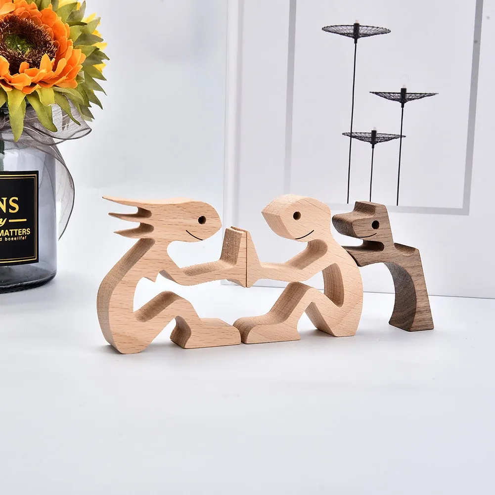 Family Puppy Wood Dog Craft Figurine Desktop Table Ornament Carving Model Creative Home Office Decoration Love Pet Dropshipping