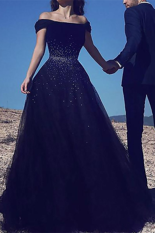 Bellasprom Off-the-Shoulder Prom Dress Tulle Long With Beads Dark Navy Bellasprom