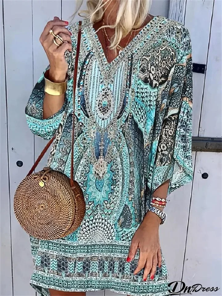 Women's Bohemia Style V Neck Long Sleeve Printed Summer Dress