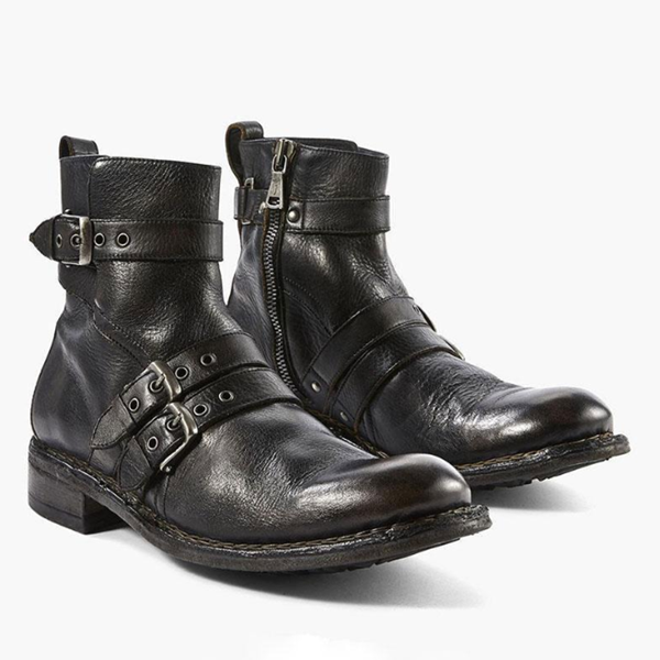 Men's Low Heel Belt Buckle Zipper Ankle Boots